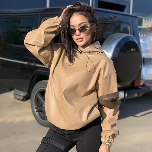 Women's Leather Versatile Round Neck Hoodie - ROUTINE FASHION
